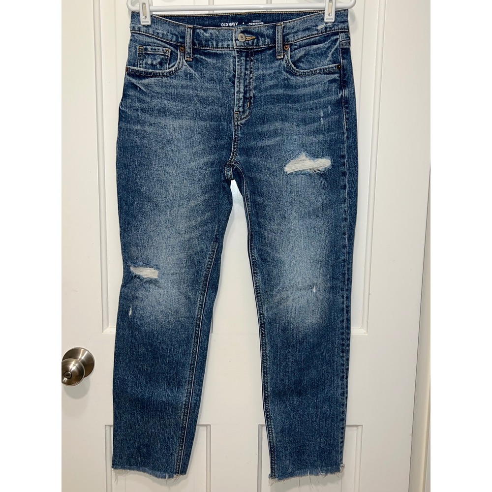 Old Navy Mid-Rise Boyfriend Jeans Blue Distressed Raw Hem Size 4 Womens